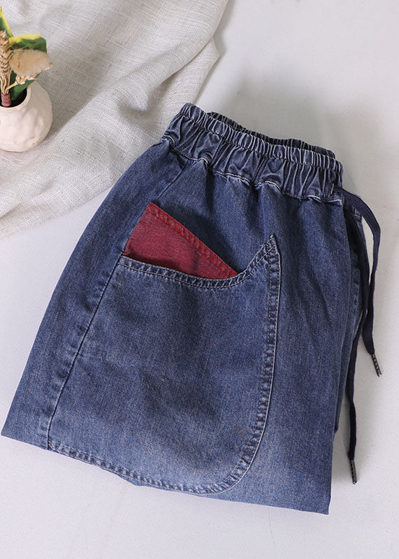 Classy Blue Elastic Waist Tie Waist Pockets Patchwork Cotton Denim Shorts Summer