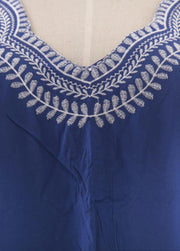 Classy Blue Embroideried Oriental Beach Gown Mid Summer Cotton Dress - SooLinen