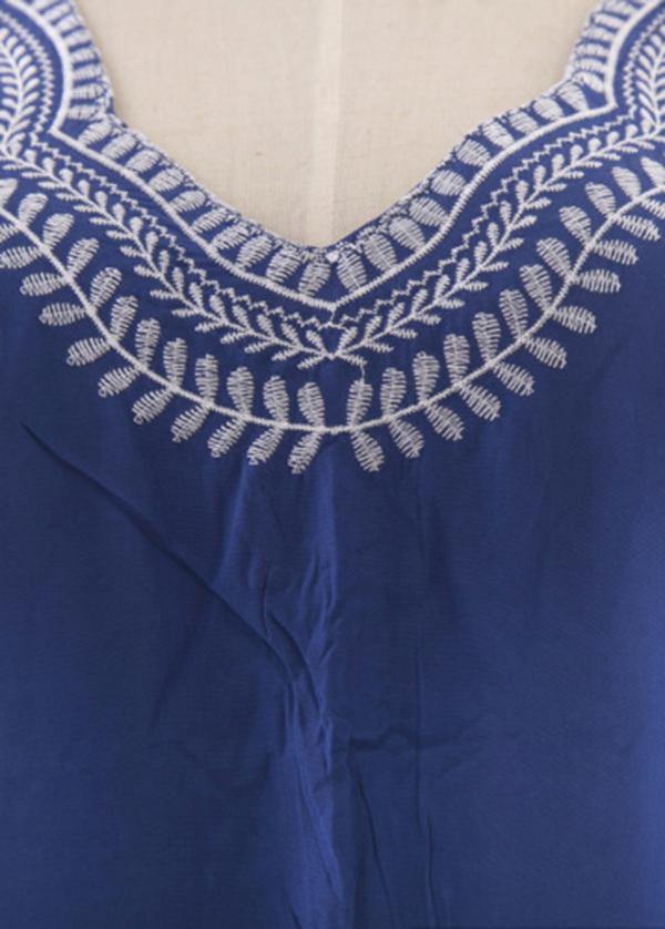 Classy Blue Embroideried Oriental Beach Gown Mid Summer Cotton Dress - SooLinen