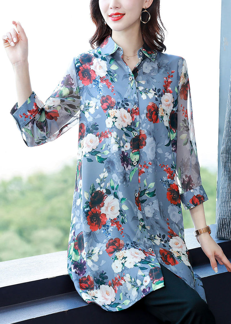 Classy Blue Peter Pan Collar Floral Print Chiffon Long Shirt Bracelet Sleeve