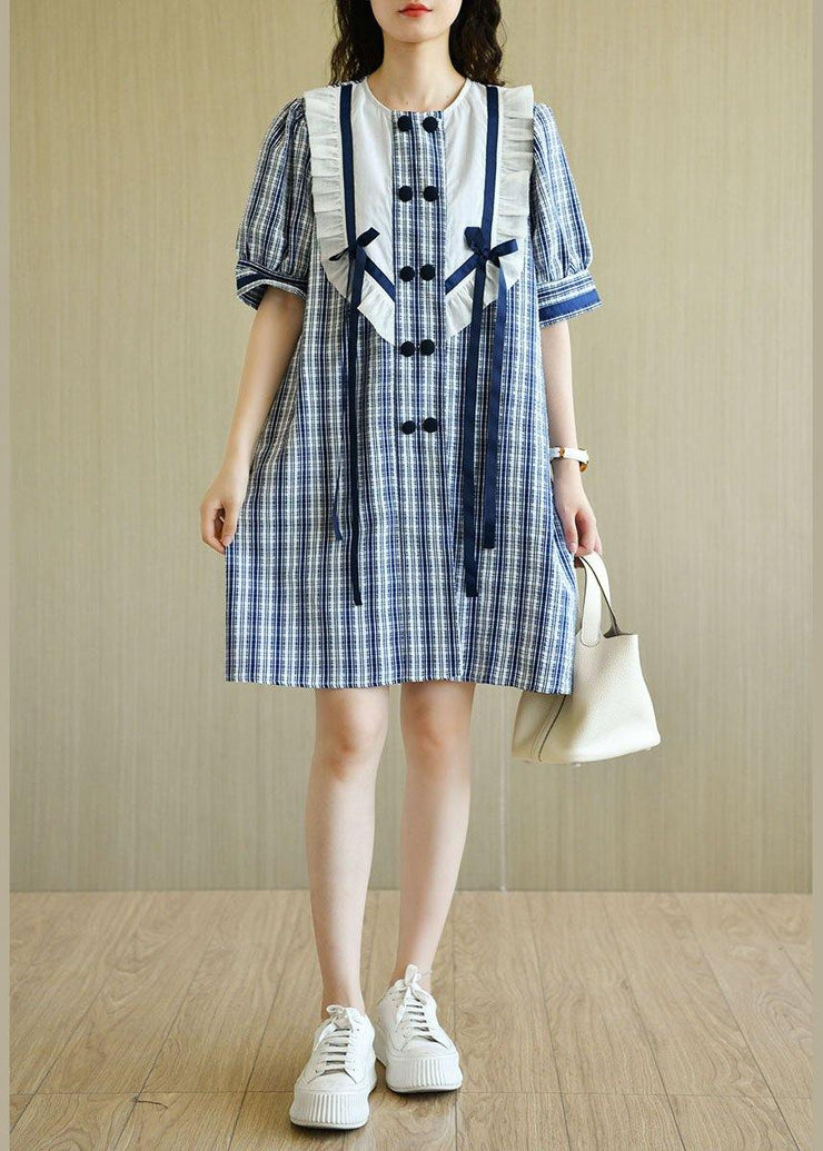 Classy Blue Plaid Ruffled O-Neck Button Summer Dresses Half Sleeve - SooLinen