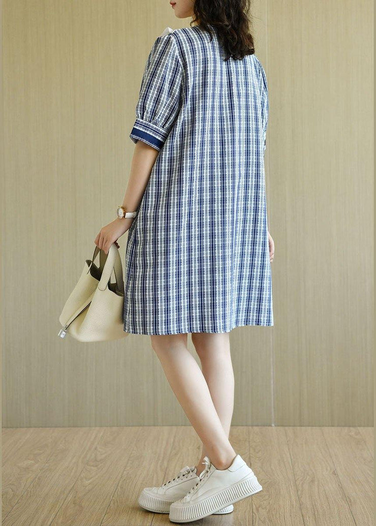 Classy Blue Plaid Ruffled O-Neck Button Summer Dresses Half Sleeve - SooLinen