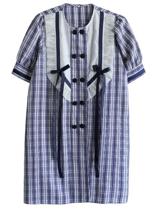 Classy Blue Plaid Ruffled O-Neck Button Summer Dresses Half Sleeve - SooLinen