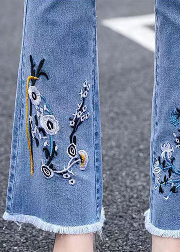 Classy Blue Slim Fit High Waist Embroideried Cotton Denim Flare Pants Summer