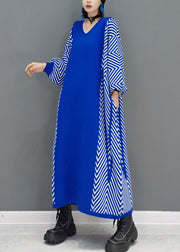 Classy Blue Striped Knit Long Dresses Spring