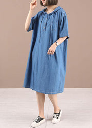 Classy Blue hooded Button Denim Dress Summer - SooLinen