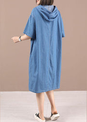 Classy Blue hooded Button Denim Dress Summer - SooLinen