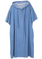 Classy Blue hooded Button Denim Dress Summer - SooLinen