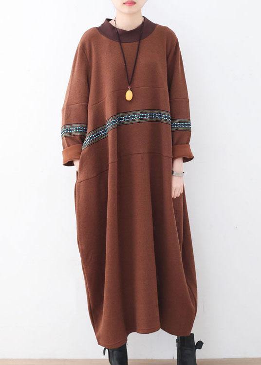 Classy Chocolate O-Neck Long Sleeve Loose Fall Cotton Dress - SooLinen