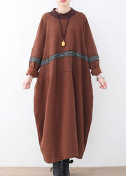 Classy Chocolate O-Neck Long Sleeve Loose Fall Cotton Dress - SooLinen