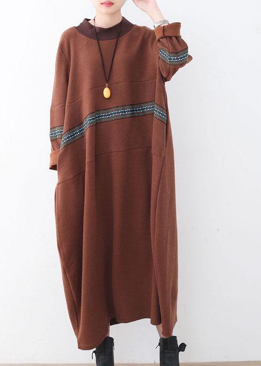 Classy Chocolate O-Neck Long Sleeve Loose Fall Cotton Dress - SooLinen