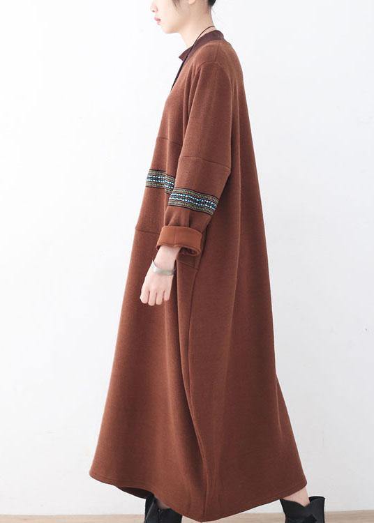 Classy Chocolate O-Neck Long Sleeve Loose Fall Cotton Dress - SooLinen