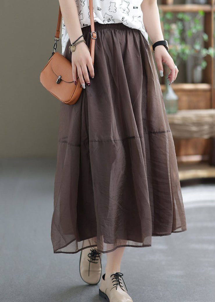 Classy Coffee Elastic Waist Patchwork Organza A Line Skirt Summer