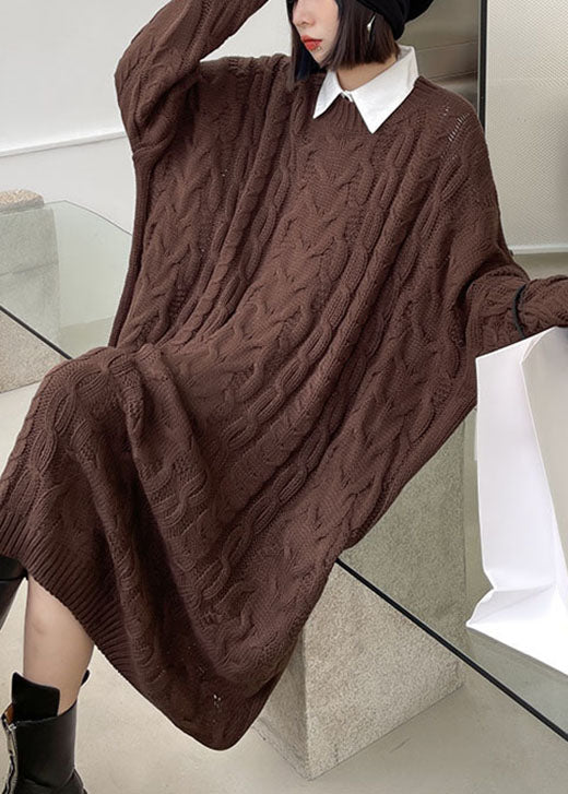 Classy Coffee O-Neck Jacquard Casual Fall Sweater Dress