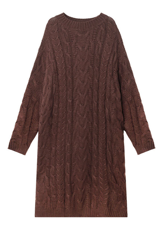 Classy Coffee O-Neck Jacquard Casual Fall Sweater Dress