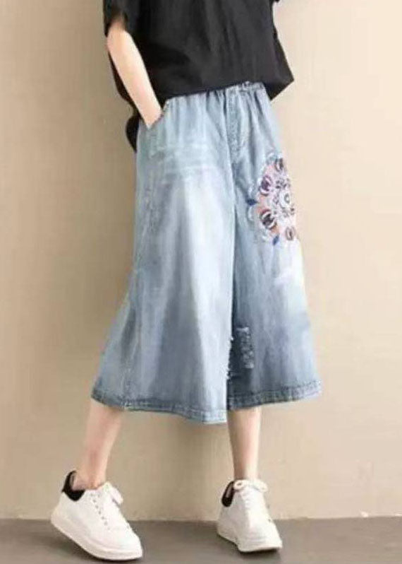 Classy Denim Blue Elastic Waist Hole Embroideried Pockets Cotton Wide Leg Pants Summer