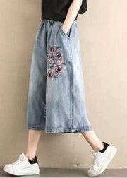 Classy Denim Blue Elastic Waist Hole Embroideried Pockets Cotton Wide Leg Pants Summer