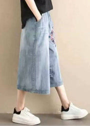 Classy Denim Blue Elastic Waist Hole Embroideried Pockets Cotton Wide Leg Pants Summer