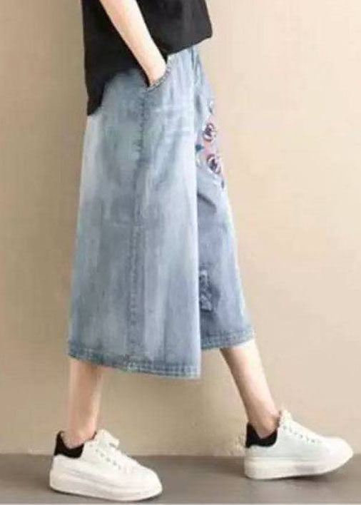 Classy Denim Blue Elastic Waist Hole Embroideried Pockets Cotton Wide Leg Pants Summer