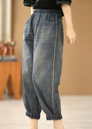 Classy Denim Blue Elastic Waist Pockets Cotton Crop Pants Summer