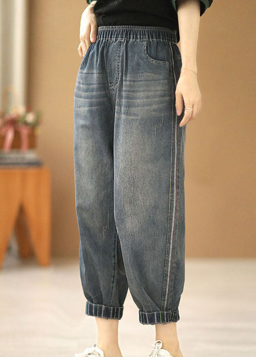 Classy Denim Blue Elastic Waist Pockets Cotton Crop Pants Summer