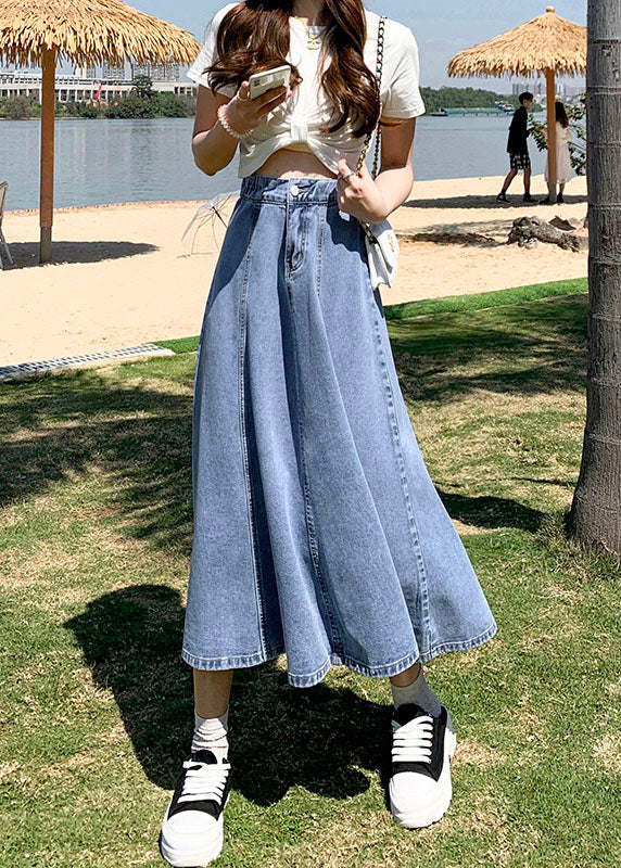 Classy Denim Light Blue High Waist Patchwork Button Cotton A Line Skirts Summer