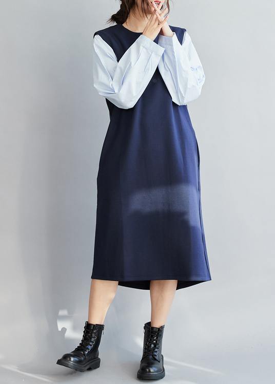 Classy False Two Pieces cotton Spring  Dress For Women Design Blue Dresses - SooLinen