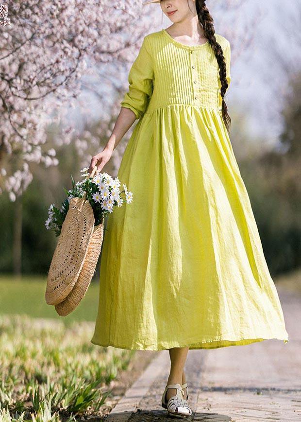 Classy Grass Green Cinched Button Summer Linen Dress - SooLinen