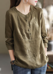 Classy Green O-Neck button Patchwork Linen Shirt Top Long Sleeve