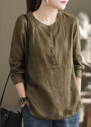 Classy Green O-Neck button Patchwork Linen Shirt Top Long Sleeve