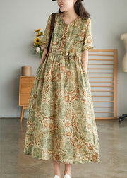 Classy Khaki Button Tie Waist Print Fall Maxi Dress Half Sleeve