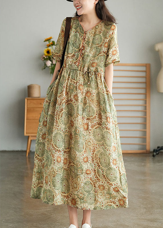 Classy Khaki Button Tie Waist Print Fall Maxi Dress Half Sleeve