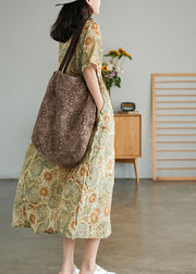 Classy Khaki Button Tie Waist Print Fall Maxi Dress Half Sleeve