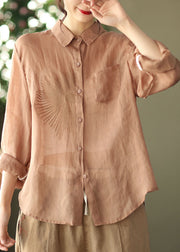 Classy Khaki Embroideried Casual Ramie Top Long Sleeve