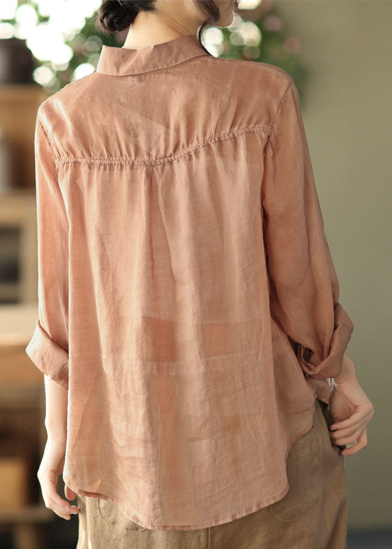 Classy Khaki Embroideried Casual Ramie Top Long Sleeve