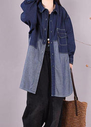 Classy Lapel Patchwork Crane Tops Sleeve Denim Dark Blue Blouses - SooLinen