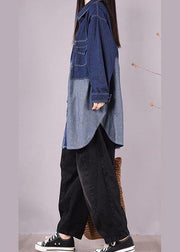 Classy Lapel Patchwork Crane Tops Sleeve Denim Dark Blue Blouses - SooLinen