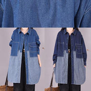 Classy Lapel Patchwork Crane Tops Sleeve Denim Dark Blue Blouses - SooLinen