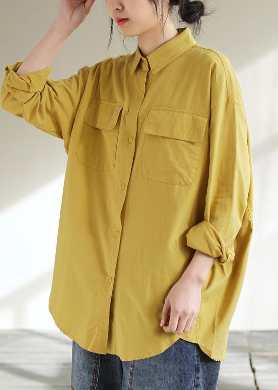 Classy Lapel Pockets Spring Top Silhouette Wardrobes Yellow Shirts - SooLinen