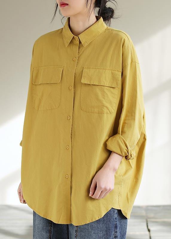 Classy Lapel Pockets Spring Top Silhouette Wardrobes Yellow Shirts - SooLinen