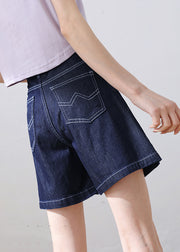 Classy Navy High Waist Pockets Applique Cotton Denim Shorts Summer