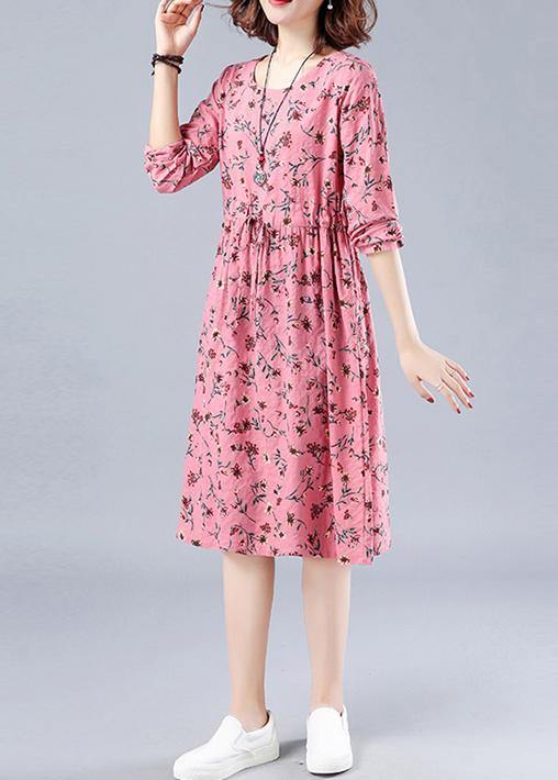 Classy O Neck Drawstring Spring Outfit Runway Pink Print Dress - SooLinen