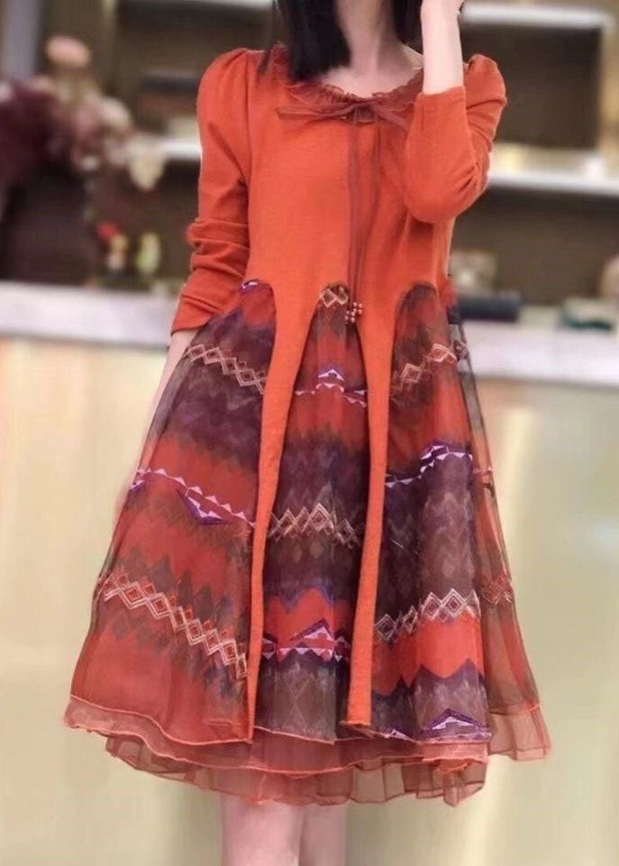 Classy Orange Knit Patchwork Tulle Embroideried  Fall Long sleeve Dress