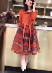 Classy Orange Knit Patchwork Tulle Embroideried  Fall Long sleeve Dress