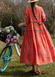 Classy Orange Print Linen O-Neck Long sleeve Summer Dress - SooLinen