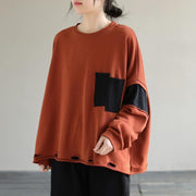 Classy Orange cotton Tunic Top Patchwork loose Sweatshirt - SooLinen