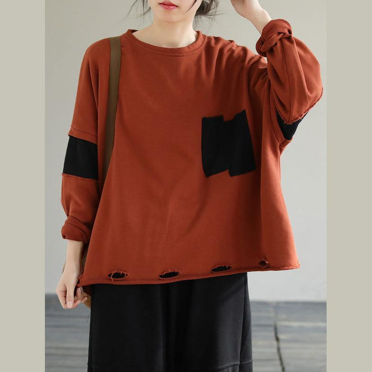 Classy Orange cotton Tunic Top Patchwork loose Sweatshirt - SooLinen