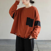 Classy Orange cotton Tunic Top Patchwork loose Sweatshirt - SooLinen