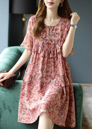 Classy Pink Cute O-Neck Ruffles Patchwork Print Silk Dresses Petal Sleeve