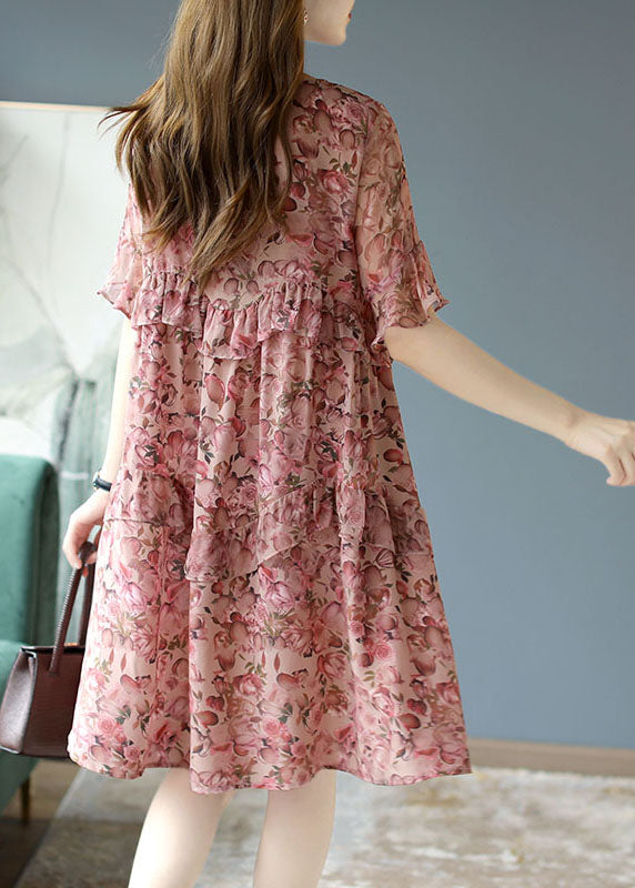 Classy Pink Cute O-Neck Ruffles Patchwork Print Silk Dresses Petal Sleeve